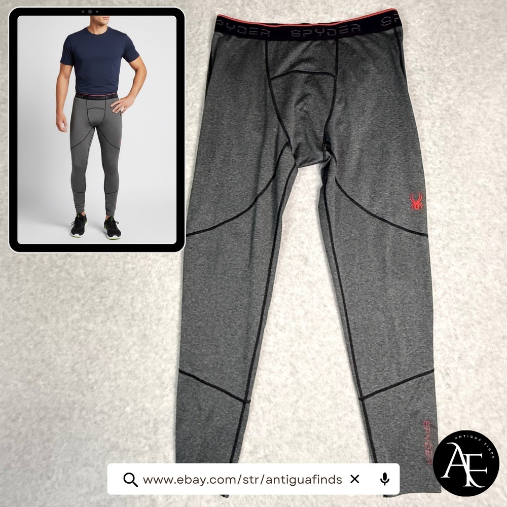 Spyder Mens ProWeb Compression Leggings Charcoal Gray Red Base Layer Pants L